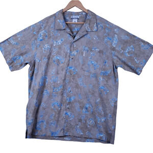 Columbia Men's Short Sleeve Button Up Shirt XXL Brown w/ Blue Drinks & Fish AOP